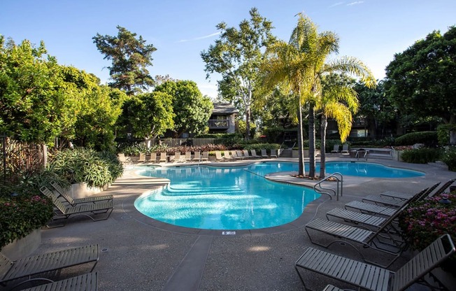 a large swimming pool with chairs and palm trees