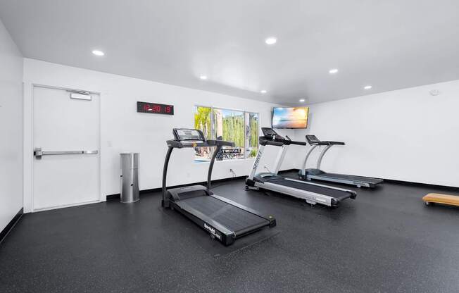 A gym with treadmills and a television on the wall.