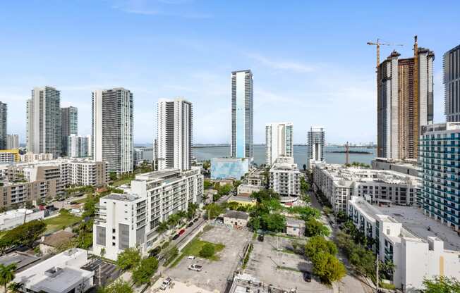 a city skyline with tall buildings and a body of water