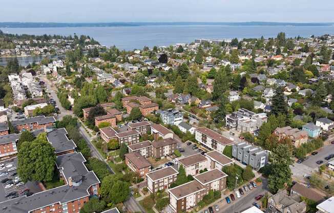 A bird's eye view of a residential area with houses and a body of water in the distance.