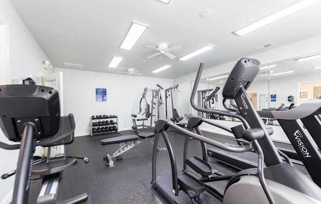 A gym with a treadmill, weights, and exercise equipment.