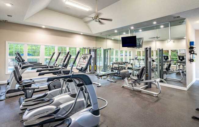 A gym with treadmills, exercise bikes, and weight machines.