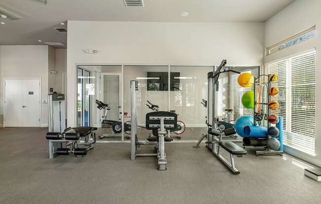 A spacious gym with a variety of equipment including treadmills, weights, and exercise balls.