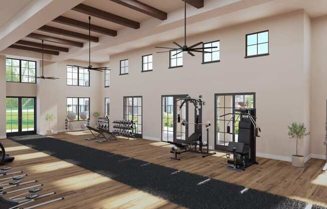 a gym with exercise equipment and windows in a house at Stella, San Tan Valley Arizona