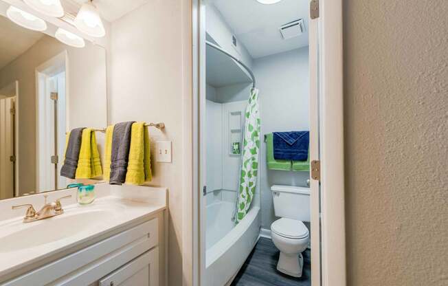 A bathroom with a white sink, toilet, and a shower with a green shower curtain.