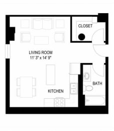 Studio, 1 bath, 498 sqft, $1,095