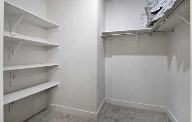 a walk in closet with white walls and white shelves at 200 City View, Utah