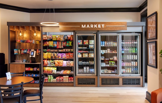 A market with a variety of snacks and drinks on display.