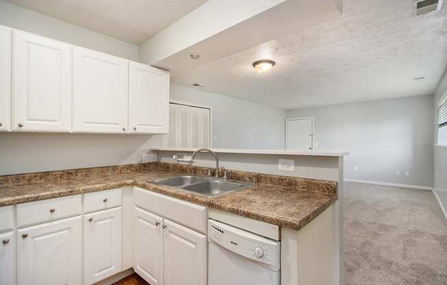 a kitchen with white cabinets and a granite counter top