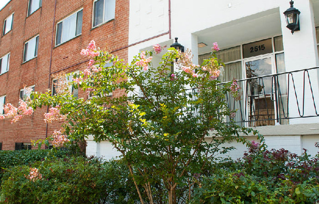 exterior of penn view apartment building with lush landscaping