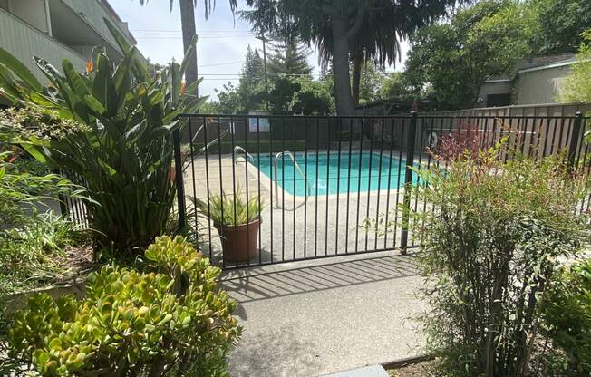 a pool in a backyard with a black fence