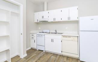 A small, modern kitchen featuring white cabinets, a double sink, a stove, and a dishwasher. The walls are painted light gray, and the flooring is a wood-like laminate. A refrigerator stands against the wall, with a pantry or shelving space visible to the left.