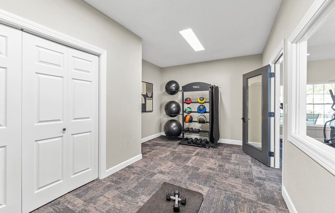 A room with a grey carpet and a black exercise ball.