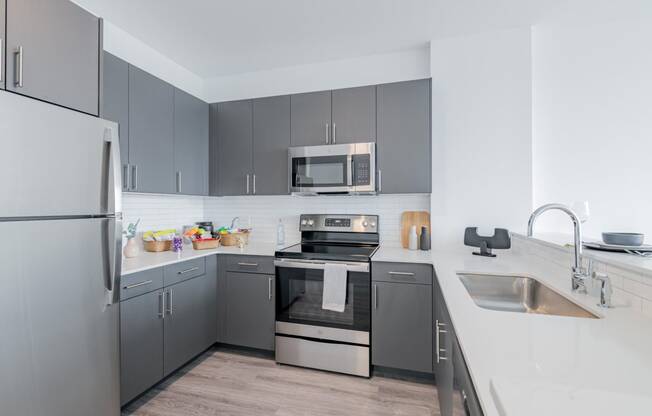 a kitchen with gray cabinets and stainless steel appliances