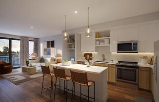 Gourmet kitchens with quartz countertops, 42-inch custom cabinetry with soft close, and under-cabinet lighting.