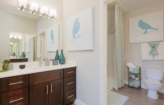 a bathroom with a large mirror and a sink and a toilet