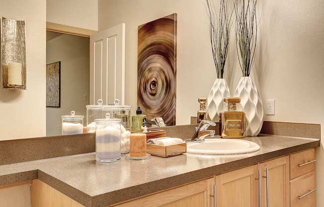 Designer Granite Countertops in all Bathrooms, at Newberry Square Apartments, 16116 Ash Way