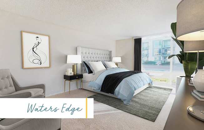 A bedroom with a bed, chair, and lamp at Marina Harbor, California, 90292