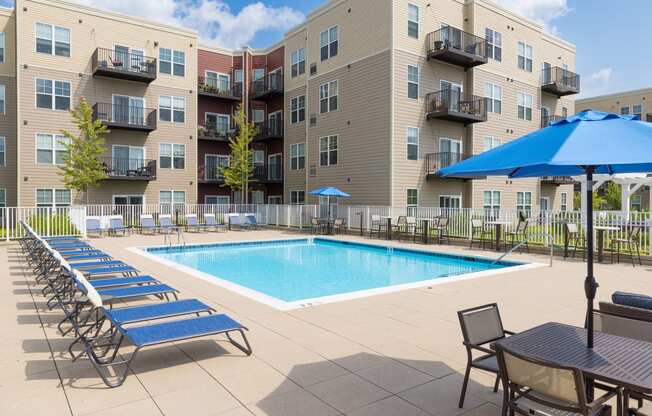 our apartments offer a swimming pool with lounge chairs and umbrella