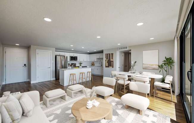 A modern living room with a white sofa set and a wooden coffee table.