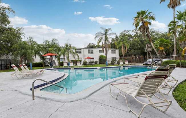 A pool surrounded by palm trees and lounge chairs.