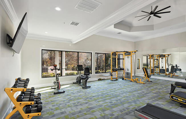 Community Fitness Center with Equipment at Shadow Ridge Apartments in Riverdale, GA.