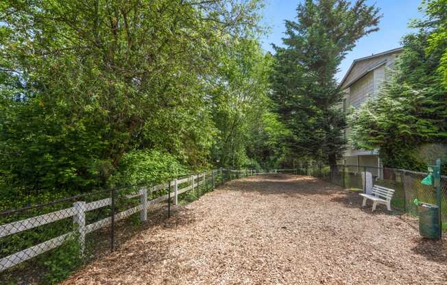 the path to the yard with a bench and a fence