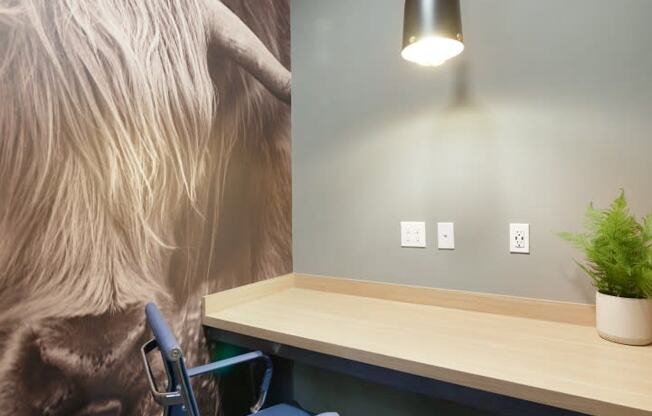 a desk and chairs in a room with a wall mural