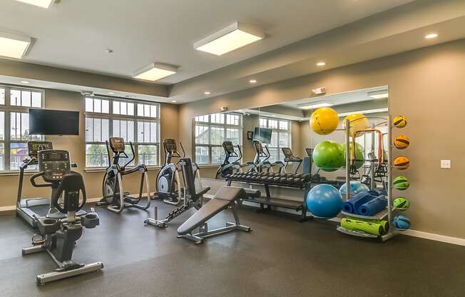 a gym with cardio equipment and weights at the enclave at woodbridge apartments in sugar land