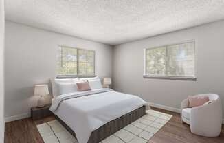 a white bedroom with a large bed and two windows at Verona, Littleton, CO