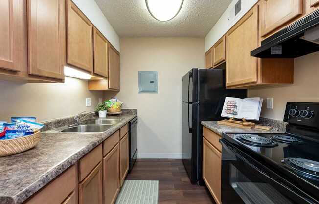 our apartments have a modern kitchen with granite counter tops and black appliances