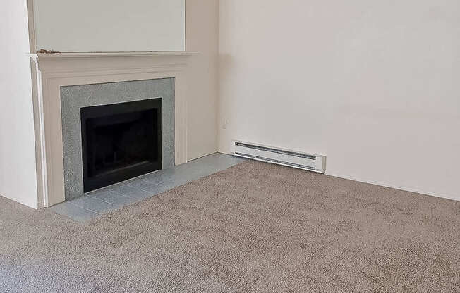 A room with a fireplace and a carpeted floor.