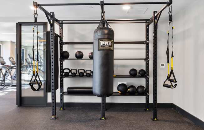 a punching bag hanging from a rack in a gym