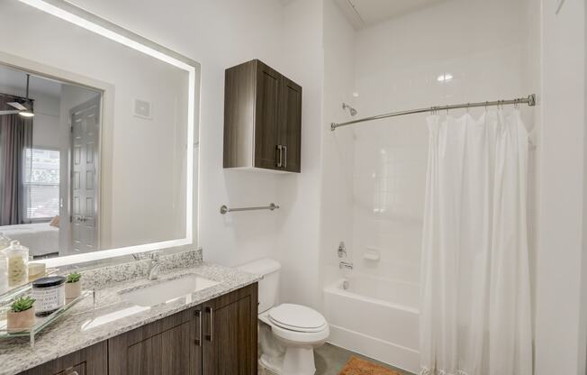 a bathroom with a shower sink and toilet and a mirror