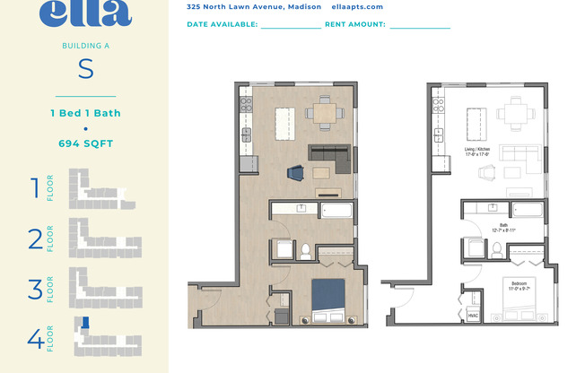 1 bed, 1 bath, 694 sqft, $1,375, Unit A419