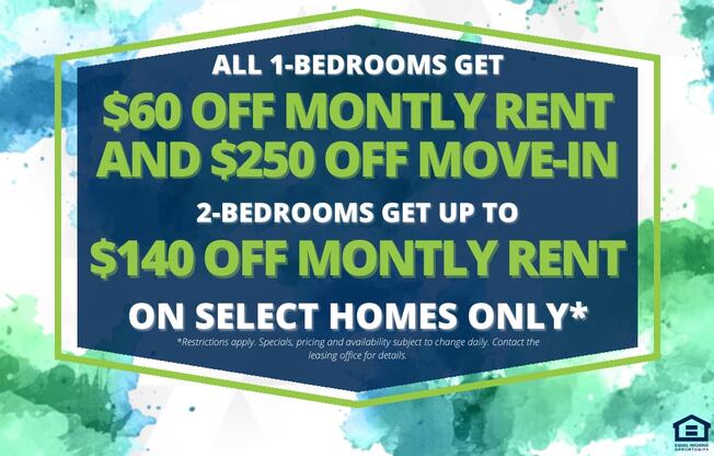 A promotional image for a housing company offering discounts on rent and move-in fees.
