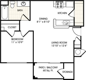 1 bed, 1 bath, 615 sqft, $1,307