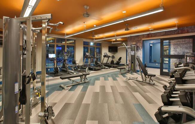 a gym with cardio machines and weights on the floor