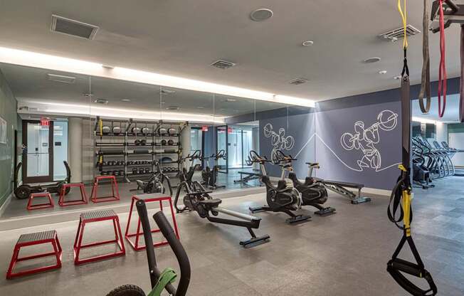 A gym with exercise equipment and a wall mural.