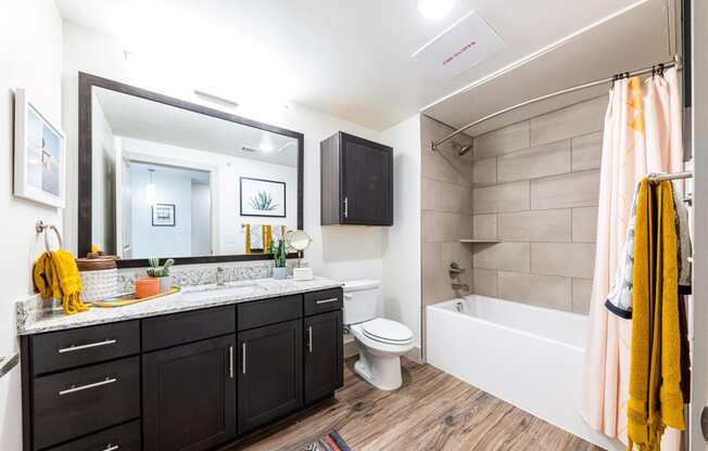 Lenox SoCo Apartments bathroom with a large mirror and a toilet and a tub