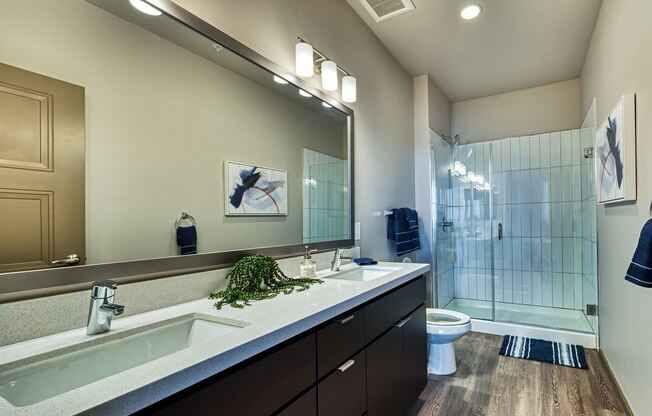 Double sink vanity and walk-in shower at Cuvee, Arizona