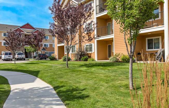 our apartments have a spacious courtyard with grass and trees