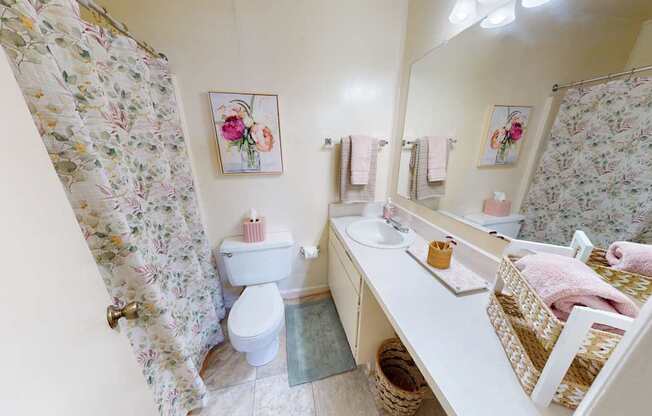 a bathroom with a built-in vanity