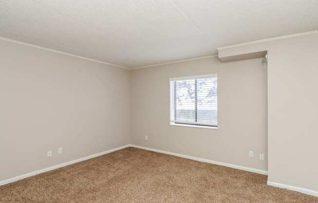 A room with a window and carpeted floor.