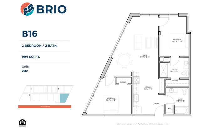 2 beds, 2 baths, 994 sqft, $1,750, Unit 202