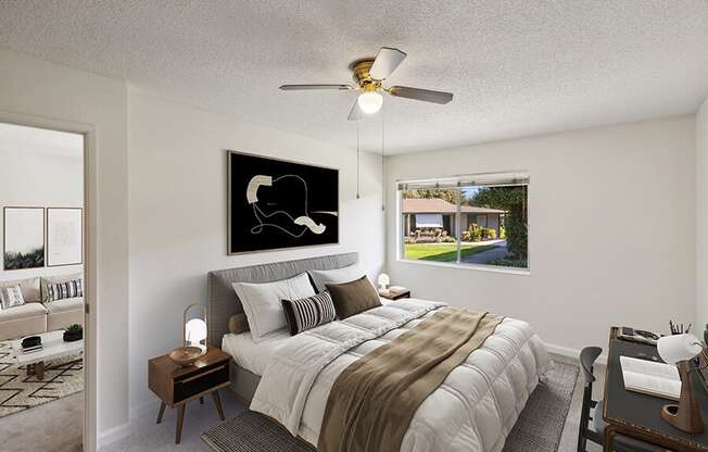 Model Bedroom with Carpet and Window View at Walnut Creek Apartments located in Walnut Creek, CA.