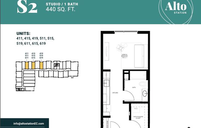 Studio, 1 bath, 440 sqft, $995, Unit 411