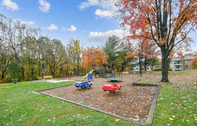 A playground with a blue slide and a red slide surrounded by trees.