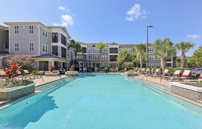Resort-style swimming pool surrounded by palm trees and landscaped grounds at Lotus at Starkey Ranch in Odessa, Florida.