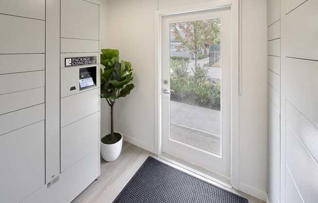 Secure package concierge system indoors by exterior door. Area contains a plant and rug. at 3030 Lake City, Seattle